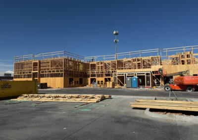 Residence Inn hotel under construction in Midland, Texas with exposed wood framing and visible roof trusses