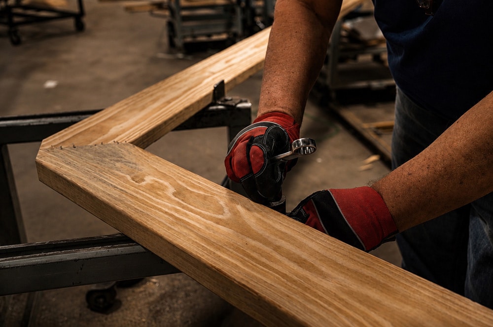 Longhorn Truss team member operating a computerized cutting station in the shop.